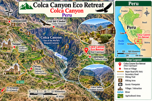 Colca Canyon Eco Retreat – Sustainable Glamping in the Andes 6 Illustrated travel map of Colca Canyon Eco Retreat near Coporaque, Peru, featuring dramatic Andean mountains, the Colca River, scenic canyon landscapes, hiking trails, Cruz del Cóndor viewpoint, and nearby villages including Chivay, Yanque, and Cabanaconde. Includes a mini map showing Colca Canyon's location in southern Peru.