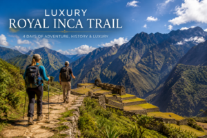 Hikers exploring the Luxury Royal Inca Trail in Peru surrounded by towering Andes mountains, ancient Incan terraces, scenic stone pathways, and breathtaking landscapes near Machu Picchu.