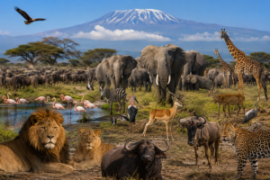 African safari landscape featuring elephants, lions, giraffes, zebras, wildebeest, buffalo, flamingos, antelope, a leopard, and an eagle soaring overhead with Mount Kilimanjaro rising in the background.