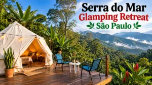 Serra Do Mar Glamping Retreat: Mountain Views And Rainforest Trails 2 Serra do Mar glamping retreat near São Paulo, Brazil, featuring a luxury canvas tent on a wooden deck overlooking lush Atlantic Forest mountains.