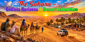 Egyptian desert oasis surrounded by palm trees, turquoise water, desert mountains, a traditional village, and a 4×4 safari vehicle at sunset.