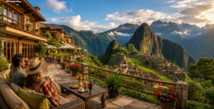 Machu Picchu hotel and lodge stay overlooking the Andes with travelers enjoying spectacular mountain views