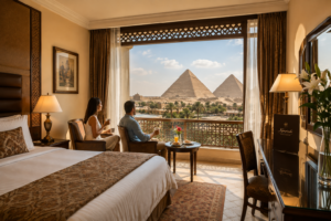 Cairo, Egypt – Museums, Bustling Markets, Ancient Mosques & Unforgettable Adventures 12 Cairo hotel room with travelers relaxing near a balcony overlooking the Pyramids of Giza in Egypt.