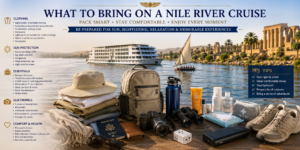 ⛵ Nile River Cruises – Sail Past Temples & Scenic Landscapes 18 Nile River cruise packing essentials including lightweight clothing, sun hat, walking shoes, sunscreen, camera, binoculars, backpack, water bottle, travel adapter, and first-aid supplies.