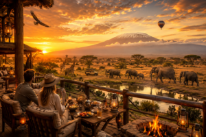 Luxury East Africa safari lodge overlooking elephants, giraffes, and a watering hole at sunset with people relaxing on a scenic deck near Mount Kilimanjaro, glowing lanterns, a fire pit, and a hot air balloon in the distance.