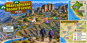 Colorful illustrated travel map of Marcahuasi Stone Forest, Peru, featuring the route from Lima to San Pedro de Casta, mountain hiking trails, camping areas, towering Andean rock formations, and two hikers exploring the rugged landscape. Includes a Peru location inset map and a smaller regional route map.