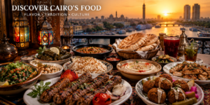 Cairo, Egypt – Museums, Bustling Markets, Ancient Mosques & Unforgettable Adventures 10 Traditional Cairo food spread with grilled meats, falafel, hummus, rice, pita bread, salads and Egyptian drinks overlooking the Nile River.