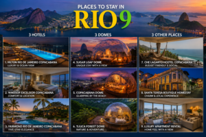 🌴✨ Rio De Janeiro Glamping Hub: Luxury Nature Stays In Brazil’s Most Vibrant City 3 Wide Rio de Janeiro travel collage featuring luxury hotels, glowing glamping domes, scenic apartments, and ocean-view stays with mountains and coastline at sunset.