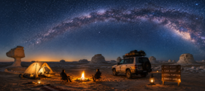 Desert camping beneath a star-filled sky and Milky Way in Egypt’s White Desert, with a glowing tent, campfire, 4×4 safari vehicle, and chalk rock formations.