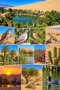 Luxury Tents in Huacachina Oasis: Desert Glamping & Adventures in Peru 3 Colorful wildlife and desert nature collage featuring Huacachina Oasis in Peru, with golden sand dunes, palm trees, a lagoon, hawk, dove, sparrow, desert lizard, reeds, flowering plants, cactus, desert trees, and a waterbird.