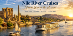 ⛵ Nile River Cruises – Sail Past Temples & Scenic Landscapes 3 Nile River cruise ship sailing between Luxor and Aswan, Egypt, with ancient temples, palm trees, desert mountains, and traditional feluccas at sunset.