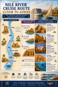 ⛵ Nile River Cruises – Sail Past Temples & Scenic Landscapes 20 Nile River Cruise Route from Luxor to Aswan, Egypt, showing Edfu, Kom Ombo, Philae Temple, Lake Nasser, Abu Simbel, and additional Egypt adventures.