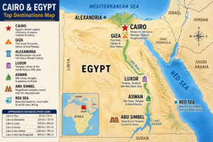 Cairo, Egypt – Museums, Bustling Markets, Ancient Mosques & Unforgettable Adventures 17 Cairo and Egypt travel map showing Giza, Alexandria, Luxor, Aswan, Abu Simbel, the Nile River and Red Sea.