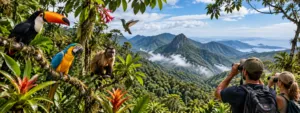 Serra Do Mar Glamping Retreat: Mountain Views And Rainforest Trails 3 ravelers birdwatching in Brazil’s Serra do Mar Atlantic Forest with toucans, colorful parrots, hummingbirds, monkeys, lush rainforest, and misty mountains.