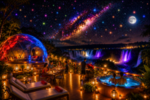 Luxury nighttime glamping dome overlooking illuminated Iguazu Falls with a colorful galaxy-filled sky, bright multicolor stars, glowing moonlight, lantern-lit wooden deck, outdoor dining scene, hot tub, and tropical rainforest surroundings.
