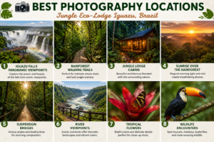 Eight-panel infographic showcasing the best photography locations at Jungle Eco-Lodge Iguazu, including Iguazu Falls viewpoints, rainforest walking trails, jungle cabins, sunrise over the rainforest, suspension bridges, scenic river overlooks, tropical flowers, and colorful rainforest wildlife.
