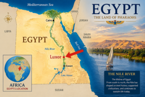 Karnak Temple – Luxor, Egypt: Gateway To Ancient Wonders 22 Map of Egypt highlighting Luxor along the Nile River, with Cairo and Aswan marked and a scenic Nile River view with a traditional felucca.