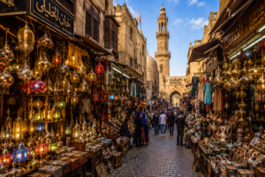 Cairo, Egypt – Museums, Bustling Markets, Ancient Mosques & Unforgettable Adventures 5 Khan El-Khalili market in Cairo, Egypt, featuring colorful lanterns, traditional shops, historic architecture, narrow streets and a mosque minaret