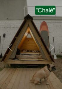 Glamping unit with canoe and paddle with dog.