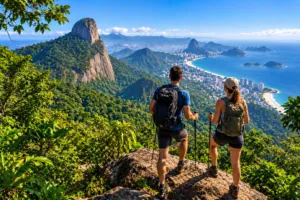 Eco Dome Retreat, Pedra Bonita – Luxury Glamping in Rio’s Rainforest 5 Two hikers overlooking Rio de Janeiro’s lush rainforest, dramatic granite mountains, coastline, beaches, and blue Atlantic Ocean from a scenic mountain viewpoint.