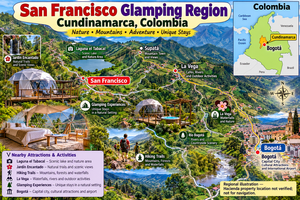 Colorful illustrated map of the San Francisco glamping region in Cundinamarca, Colombia, featuring luxury glamping domes, green Andean mountains, Laguna el Tabacal, La Vega, Supatá, hiking trails, waterfalls, Bogotá, and a mini map showing the region's location within Colombia.