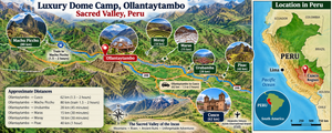 Luxury Dome Camp, Ollantaytambo: Glamping In The Heart Of The Sacred Valley 7 Illustrated panoramic map of Luxury Dome Camp in Ollantaytambo, Peru’s Sacred Valley, highlighting Machu Picchu, Maras, Moray, Urubamba, Pisac, Cusco, the Andes mountains, and an inset map showing the Cusco region within Peru.