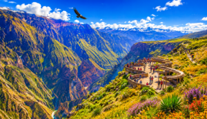 Colorful panoramic view of Colca Canyon, Peru, featuring dramatic canyon cliffs, scenic viewpoints, luxury glamping, hot springs, hiking trails, Andean condors, traditional culture, stargazing, and breathtaking mountain landscapes.