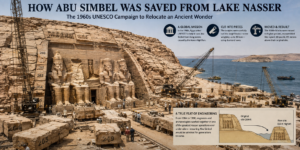 Abu Simbel temple relocation project showing workers, cranes, numbered stone blocks, and Lake Nasser during the historic rescue operation.