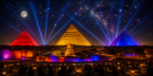 Wide nighttime panoramic view of the Giza Pyramids light show featuring colorful illuminated pyramids, glowing Sphinx, laser beams, bright assorted-color stars, galaxy cluster, moonlit desert sky, and lantern-lit audience seating.