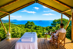 🏖 Beachfront Safari Tent, Barra Da Tijuca – Oceanfront Glamping in Rio de Janeiro 3 A luxury open-air safari tent spa pavilion overlooking a turquoise ocean, surrounded by lush tropical forest with a massage table, comfortable seating, and breathtaking coastal views.