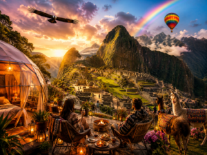 Luxury glamping dome overlooking Machu Picchu in Cusco, Peru with people relaxing by a fire pit, llamas nearby, an Andean condor flying overhead, and a colorful hot air balloon above the Andes mountains at sunset.
