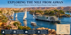 Exploring the Nile River from Aswan, Egypt, with traditional feluccas, Nile cruise ships, lush riverbanks and golden desert mountains.