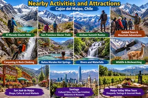 Collage of activities and attractions in Cajón del Maipo, Chile, featuring El Morado Glacier hiking, San Francisco Glacier trails, Andean mountains, guided tours, canyoning, hot springs, waterfalls, wildlife, San José de Maipo, Santiago, and Maipo Valley vineyards.