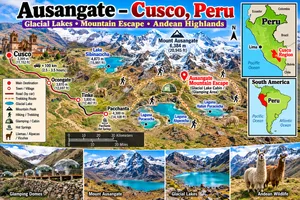 Map of Ausangate near Cusco, Peru, showing Mount Ausangate, glacial lakes, trekking routes, mountain glamping, Pacchanta hot springs and Peru locator maps.