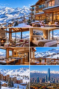 La Parva Mountain Retreat: A High-Altitude Escape in the Andes 10 Scenic collage of mountain accommodations near La Parva in the Chilean Andes, featuring snow-covered alpine lodges, cozy living rooms with fireplaces, comfortable bedrooms, modern vacation apartment kitchens, mountain-view balconies, ski resort chalets, and the Santiago skyline beneath the Andes Mountains.
