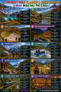 Colorful travel infographic featuring 10 unique luxury glamping, lodge, train, rafting, and cultural adventure destinations near Machu Picchu and Peru's Sacred Valley. The image showcases Humantay Lake glamping domes, Piuray Lagoon Lodge, Moray terraces and Maras Salt Mines, luxury mountain hotels, Salkantay Trek glamping, Urubamba River rafting, Belmond Sanctuary Lodge, Lares Valley cultural experiences, panoramic luxury train journeys, and historic Cusco luxury accommodations surrounded by spectacular Andes mountain scenery.