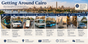 Cairo, Egypt – Museums, Bustling Markets, Ancient Mosques & Unforgettable Adventures 14 Getting around Cairo, Egypt, showing the Cairo Metro, taxis, ride-hailing, buses, microbuses, feluccas, walking and private cars.