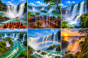 Six-image collage of Iguazu Falls featuring thrilling boat tours beneath massive waterfalls, scenic observation decks with visitors, rainbow mist views, panoramic jungle river landscapes, and breathtaking sunset waterfall scenery.