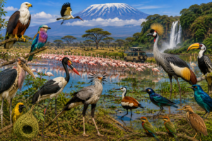 Colorful East Africa birdwatching scene featuring African fish eagles, flamingos, crowned cranes, hornbills, storks, bee-eaters, and other exotic birds around a lake with Mount Kilimanjaro, a waterfall, acacia trees, and a safari vehicle in the background.