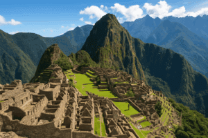 ancient ruins on top of a hill with stone walls and steep mountains.