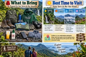 Serra Do Mar Glamping Retreat: Mountain Views And Rainforest Trails 6 Serra do Mar travel collage showing hiking gear, rain protection, binoculars, camera equipment, seasonal weather, waterfalls, mountains, and hikers exploring Brazil.