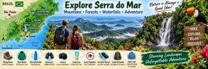 Serra Do Mar Glamping Retreat: Mountain Views And Rainforest Trails 7 Serra do Mar Brazil travel map showing São Paulo, Atlantic Forest, mountain trails, waterfalls, wildlife, coastal scenery, hikers, and essential outdoor gear.