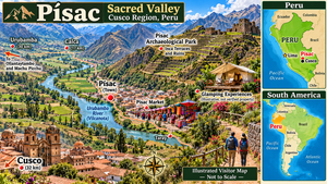 Illustrated map of Pisac in Peru's Sacred Valley showing Pisac Archaeological Park, Inca terraces, Pisac Market, Urubamba River, nearby Cusco, mountain glamping experiences, and mini locator maps of Peru and South America.