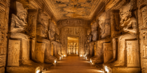 Interior of the Great Temple of Ramses II at Abu Simbel, Egypt, with colossal statues and ancient hieroglyphs