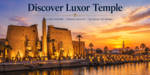 ⛵ Nile River Cruises – Sail Past Temples & Scenic Landscapes 5 Luxor Temple in Egypt illuminated at sunset, featuring ancient statues, a towering obelisk, sandstone temple walls, palm trees, and the Avenue of Sphinxes.