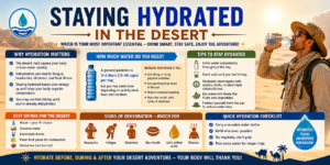 Staying hydrated in the desert guide featuring drinking water, hydration tips, dehydration warning signs, and a traveler drinking water in Egypt’s hot desert landscape.