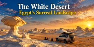 Egypt’s White Desert at sunset with unusual white chalk rock formations, travelers, and a 4×4 safari vehicle surrounded by the remote desert landscape.