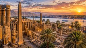 Karnak Temple – Luxor, Egypt: Gateway To Ancient Wonders 4 Wide sunset view of Karnak Temple and Luxor, Egypt, featuring ancient columns, obelisks, pharaoh statues, palm trees, and the Nile River.