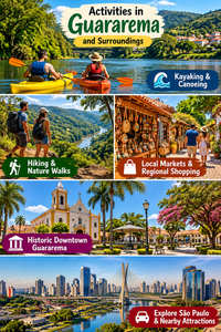 Guararema Riverside Glamping, Brazil: A Peaceful Escape by the Water 3 Colorful travel collage illustrating activities in Guararema, São Paulo, Brazil, featuring a couple kayaking on a scenic river, hikers overlooking green hills, visitors shopping at local markets, a historic church and town square, and the São Paulo skyline.