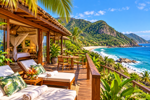 Luxury tropical eco-lodge bungalow overlooking a beautiful beach near Prainha, Rio de Janeiro, Brazil. Features a spacious wooden deck, comfortable lounge chairs, elegant bedroom, palm trees, lush green mountains, and turquoise Atlantic Ocean waters.
